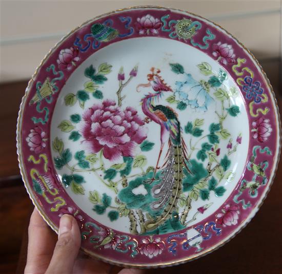 A group of Chinese Straits famille rose phoenix and peony bowls and plates, c.1900, (18)